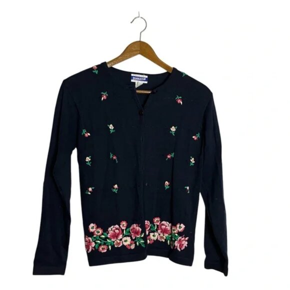 Pendleton Vintage Navy Blue Cottagecore Cardigan With Pink Embroidered Flowers - Picture 1 of 7